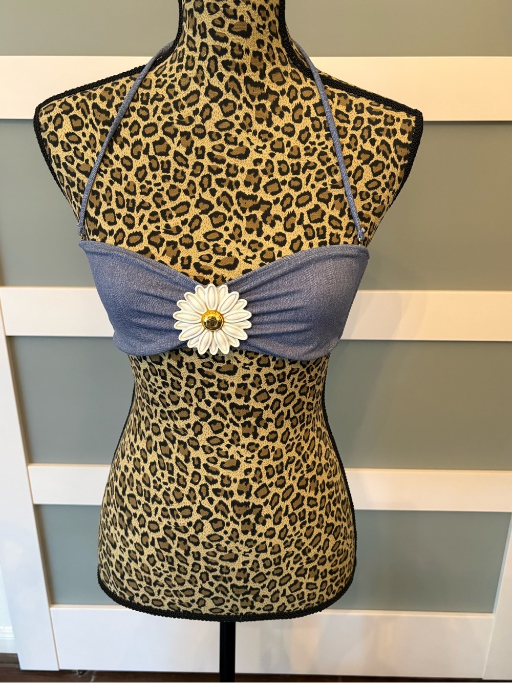 Victoria's Secret Denim-Blue Bandeau Bikini Top with White Daisy